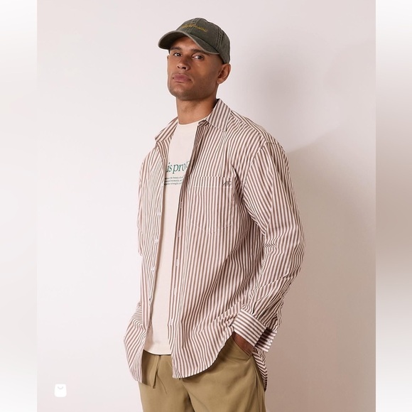 Active After Coffee Brown Stripe Button Down Men’s Shirt Size Small NWT - Picture 1 of 9